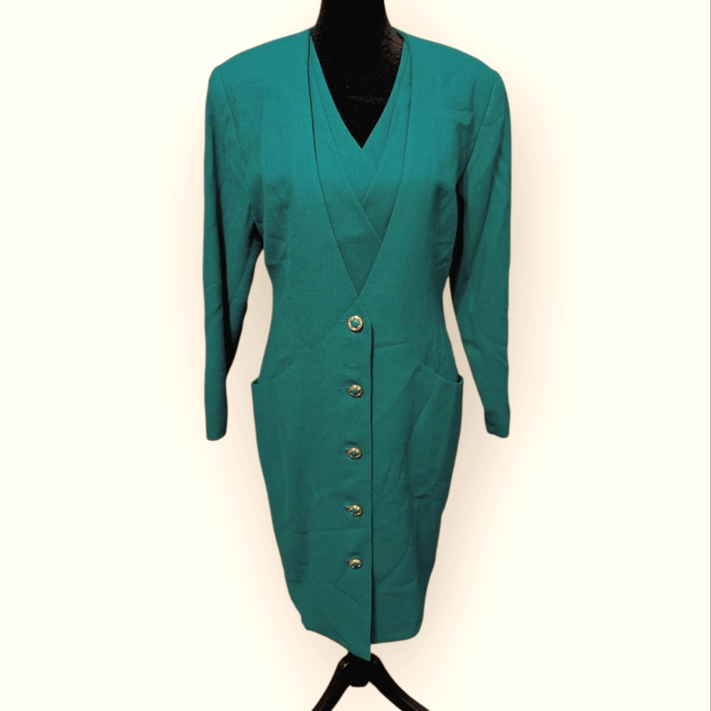 Vintage 1980s Jackie K Wool Teal Dress